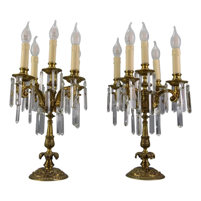 French Louis XVI Style Bronze and Crystal Candelabra Table Lamps, Set of 2 For Sale