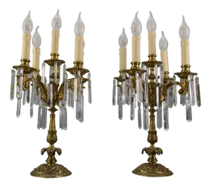 French Louis XVI Style Bronze and Crystal Candelabra Table Lamps, Set of 2