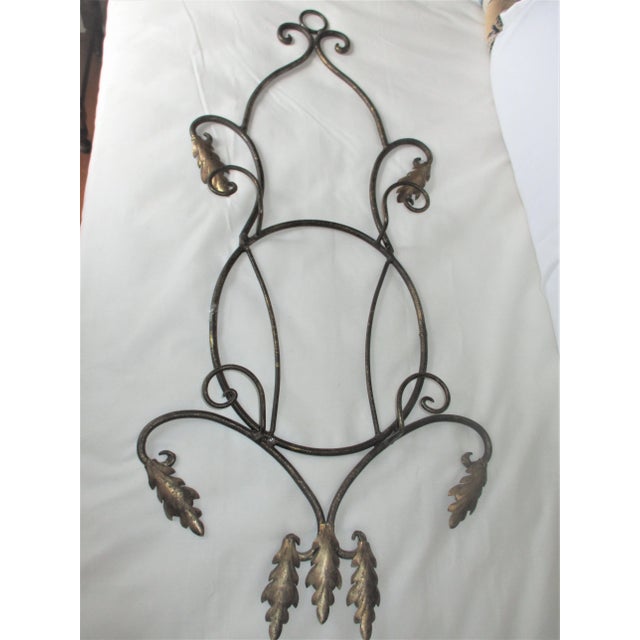 This is a Gorgeous! Vintage Ornate Metal French Wall Mounted Plate Rack that has Two Tiers with Gold Leaves on a Black...
