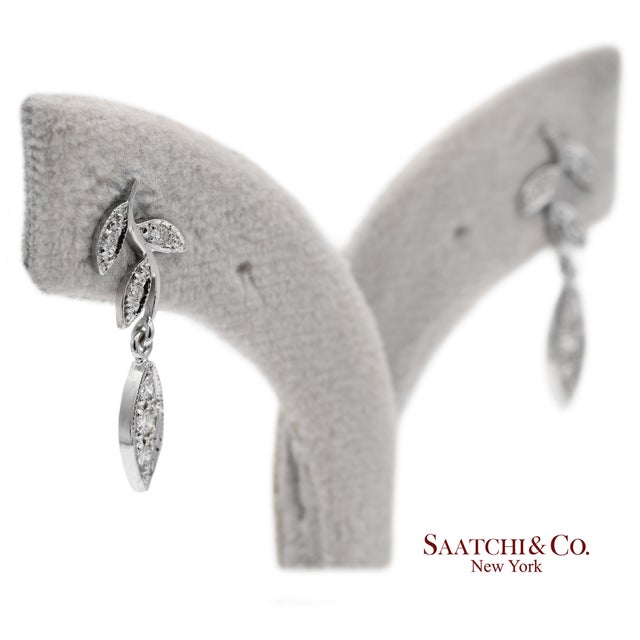 Metal 18k 750 Solid White Gold Marquise Shape Natural Diamond Leaf Drop Earrings, A Pair For Sale - Image 7 of 9