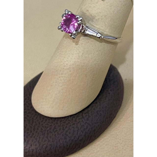 Metal 1 Ct Round Pink Sapphire 2 Baguettes Diamond in Platinum Ring, Estate For Sale - Image 7 of 18