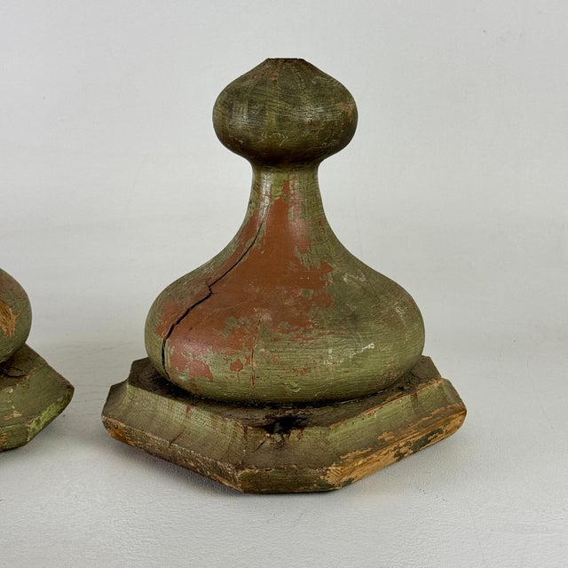 Pair of 19th C. Architectural Salvaged Large Onion Shaped Wood Finials, Painted Green For Sale - Image 10 of 15