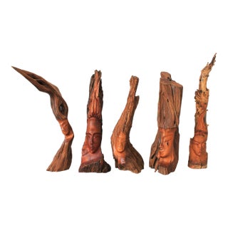 Vintage Hand Carved Tree Root Wood Abstract Art Sculptures S/5 For Sale