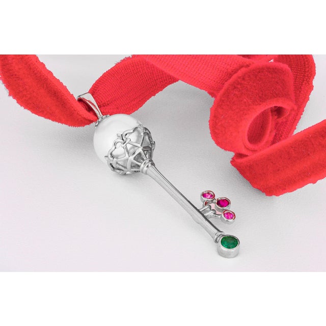 Key pendant with pearl, emerald and sapphires. Pearl 14k gold pendant. Crown Key pendant with colored gemstones. Everyday,...