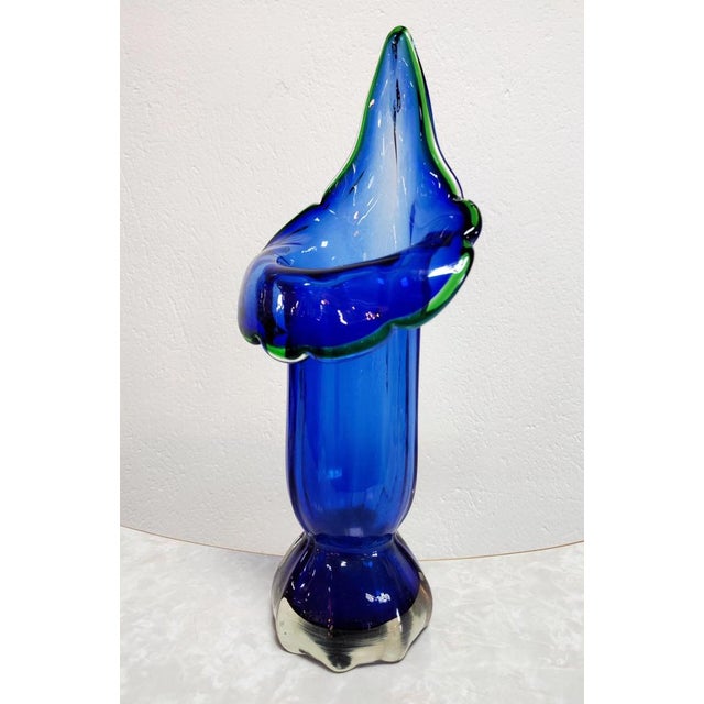 Glass Mid-Century Modern Blue Murano Glass Vase Shaped as Calla Lily, Italy, 1960s For Sale - Image 7 of 9