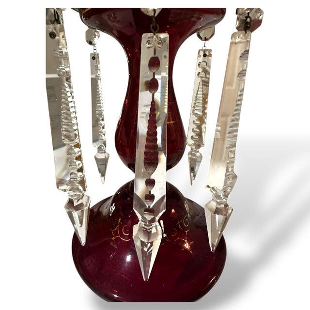 Pair of Victorian Bohemian Ruby Glass Mantel Lusters With Original Prisms, C. 1880 For Sale - Image 13 of 14