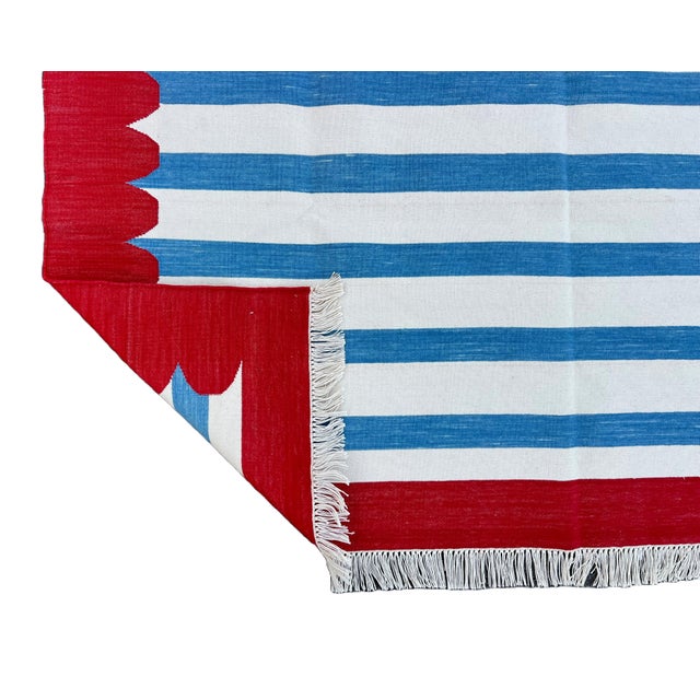 Handmade Cotton Area Rug, Blue and White Striped Scalloped Rug With Red Border - 9'x12' For Sale - Image 13 of 14