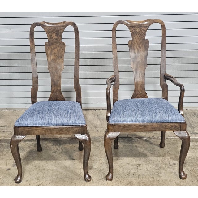 Late 20th Century Set of 8 Baker Furniture Solid Oak Queen Anne Style Dining Room Chairs For Sale - Image 10 of 14