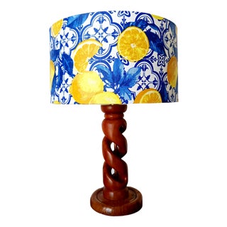 Turned Wood Lamp with Azulejo Lemon-Patterned Lampshade, 1960s For Sale