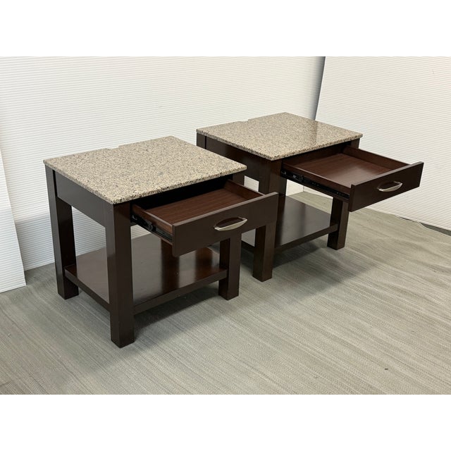 Design Plus Gallery presents a pair of Stone Top Nightstands from Bermanfalk. Each nightstand pairs a speckled stone inset...