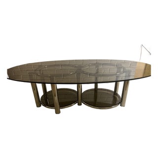 1970s Chrome & Smoked Glass Oval Coffee Table, Paul Mayen Style - Interlocking Ring Base For Sale