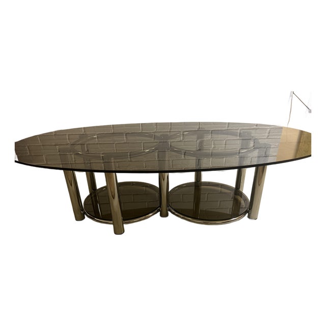 1970s Chrome & Smoked Glass Oval Coffee Table, Paul Mayen Style - Interlocking Ring Base For Sale