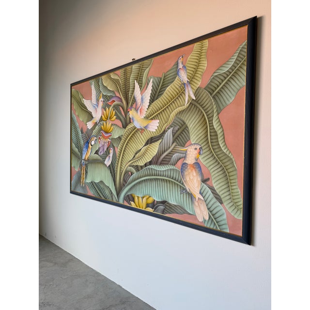 Oversize- Vintage Balinese Tropical Birds & Banana Leaf Acrylic Painting on Canvas For Sale - Image 4 of 14