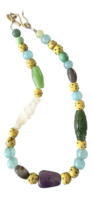Carved Jade, Amethyst, Turquoise, Rare Ancient Venetian Glass Beaded Necklace, Designed by Matthew Izzo