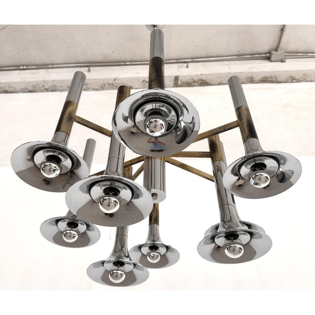 Large Italian Chrome and Brass Trumpet Chandelier attributed to Lumi Milano, 1970s For Sale - Image 10 of 18