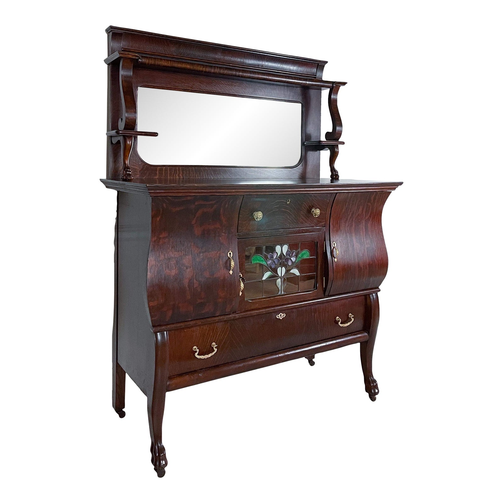 Antique C.1890’s Tiger Oak Quarter Sawn Sideboard Buffet with Beveled