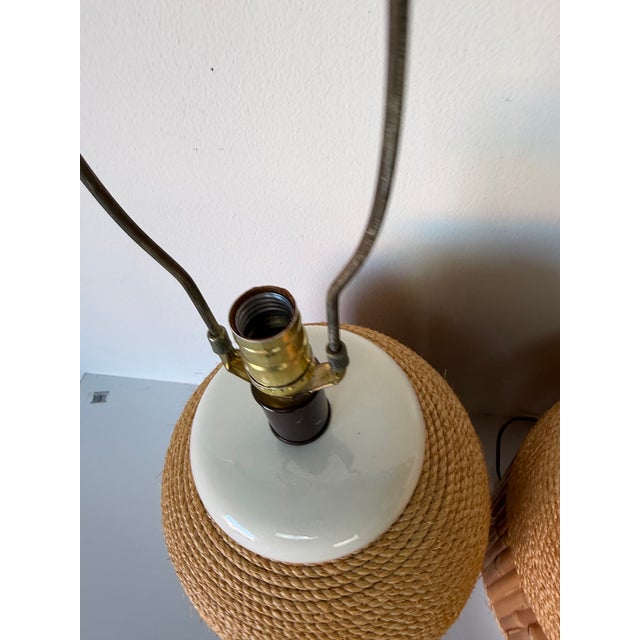 Pair of Vintage Coastal Organic Ceramic Table Lamps With Bamboo and Rope Wrap, 1970s For Sale - Image 9 of 12