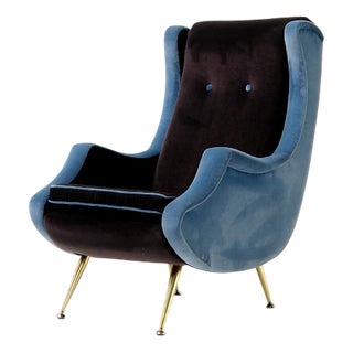 High-Back Fauteuil in Blue and Mauve Velvet, 1950s For Sale