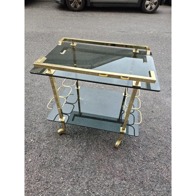 Brass and Green Crystal Bar Cart from Fontana Arte, Italy, 1970s For Sale - Image 9 of 10