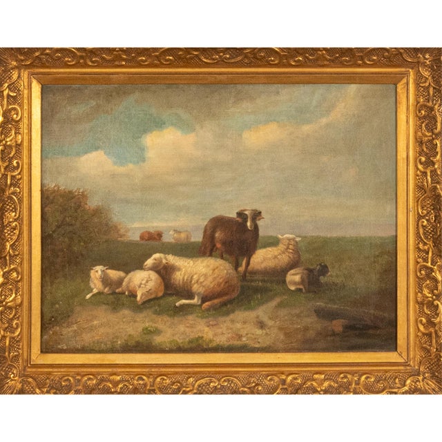 A fine 19th century antique realist oil on Canvas painting circa 1870, a pastoral landscape of a ram with sheep, by...