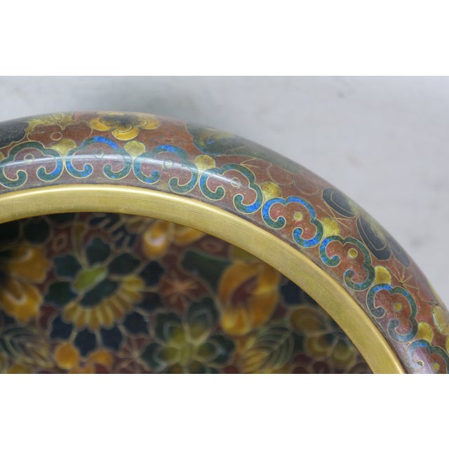 Mid 20th Century Chinese Cloisonne Enameled Brass Thousand Flowers Brush Bowl & Elm Stand For Sale - Image 4 of 13