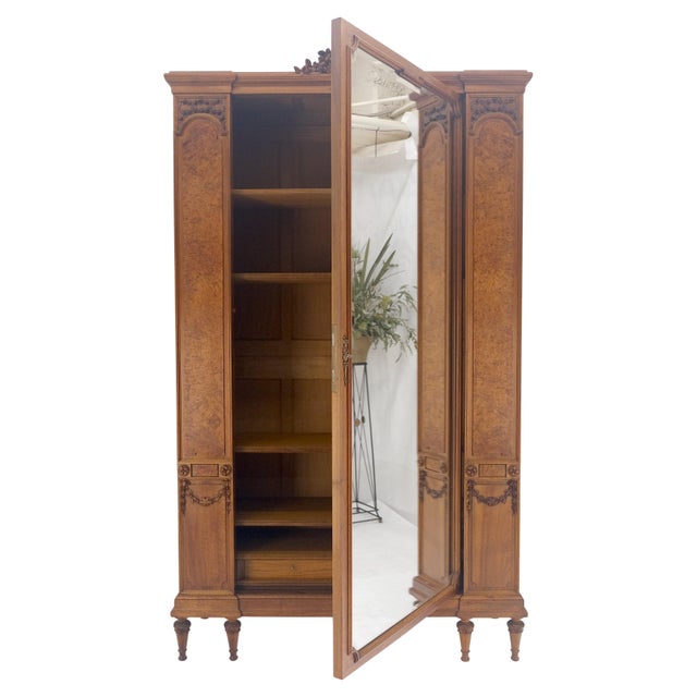 Brown Mint Fine French Carved Burl Satin Wood Beveled Mirror Door Armoire Wardrobe For Sale - Image 8 of 15