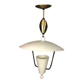 Mid-Century Lightolier Italian Style White and Brass Adjustable Pendant Lamp For Sale