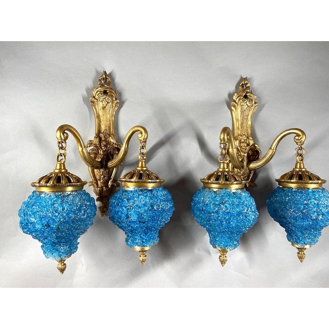 French 1980 French Louis XVI Bronze Blue Crystal Wall Lamps Sconces - Pair of 2 Pc For Sale - Image 3 of 11