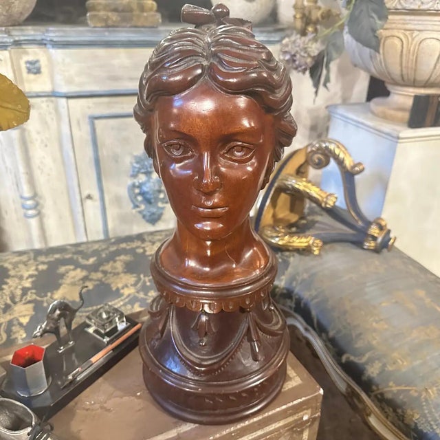 1900s A Sicilian Art Nouveau Wood Sculpture of a Bust of a Young Woman For Sale - Image 15 of 17