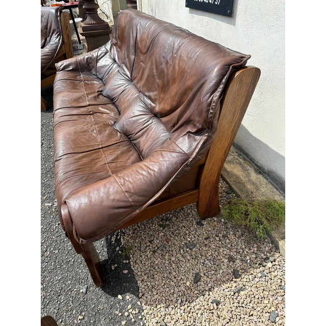 Brutalist Leather Living Room Set, 1970, Set of 3 For Sale - Image 4 of 16