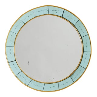Italian Brass + Etched Glass Round Wall Mirror Attributed to Cristal Arte, 1960s For Sale