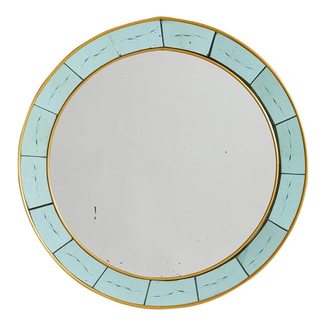 Italian Brass + Etched Glass Round Wall Mirror Attributed to Cristal Arte, 1960s For Sale