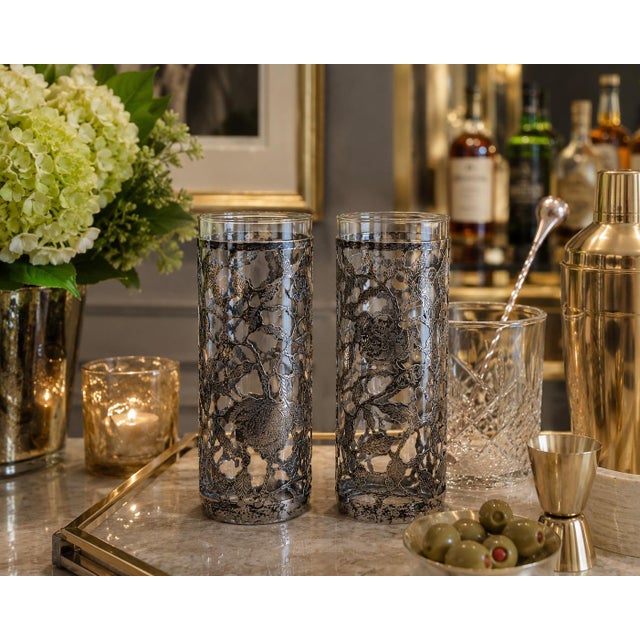 These vintage highball glasses are beautifully crafted with intricate .925 sterling silver overlay in a romantic rose-and-...