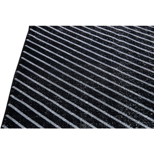 Modern Turkish Handmade Diagonal Line Pattern Black Gallery Wool Rug For Sale - Image 4 of 10