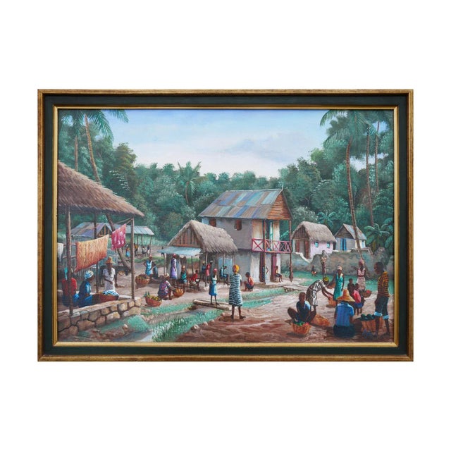 Modern realist daily life landscape painting by Haitian artist Felix Defournoy. The work features a bustling rural village...