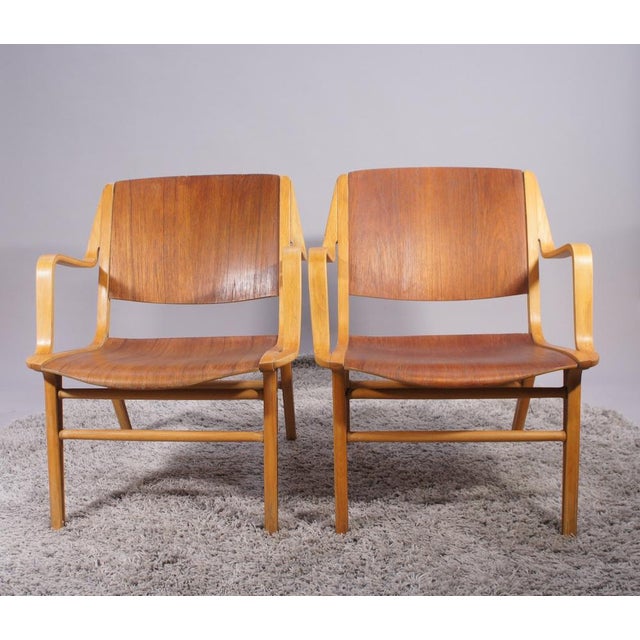 Mid-Century Modern Ax Armchairs in Teak and Beech by Peter Hvidt & Orla Mølgaard for Fritz Hansen, Denmark, 1950s, Set of 2 For Sale - Image 3 of 12