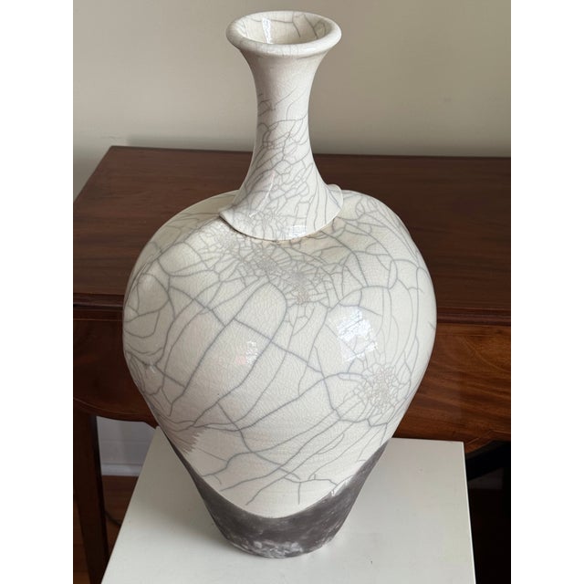 Large Signed Kerry Gonzalez Raku Pottery Vase With Crackle & Smoke Glaze, 22" For Sale - Image 11 of 12