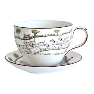 Antique Crown Staffordshire Style "Hunting Scene" Breakfast Cup & Saucer - a Pair For Sale