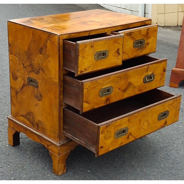 Mid 20th Century Burl Olivewood Italian Campaign Style Petite Four-Drawer Chest For Sale - Image 10 of 11