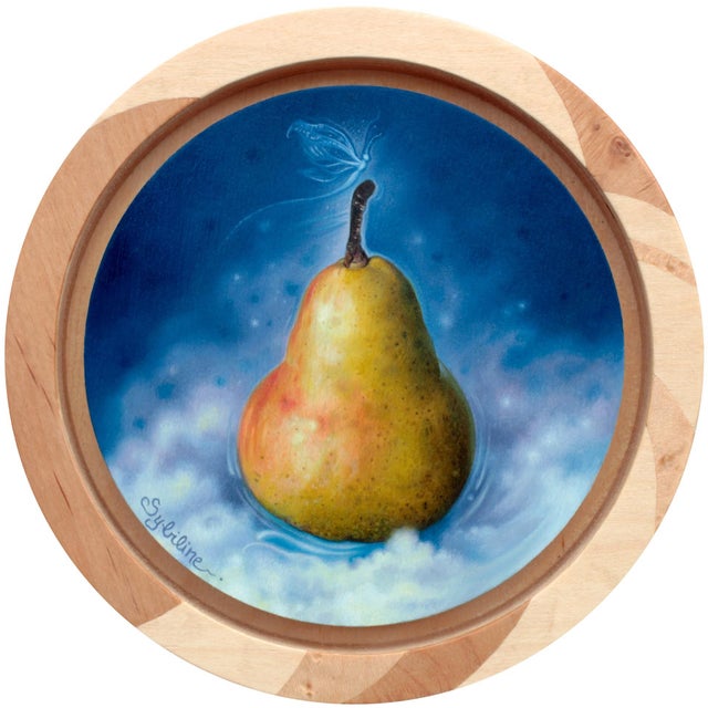 Garden of Inspiration by Sybiline | Oil on wood panel Still life of a pear against a blue background For Sale