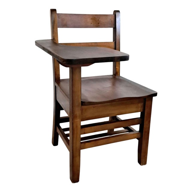 1930s Wooden School Desk Chair W/Attached Writing Arm & Book Shelf Ocean County For Sale
