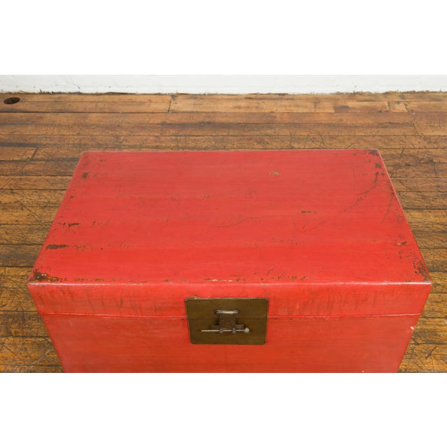 Vintage Chinese Red Lacquer Blanket Chest with Brass Lock and Lateral Handles For Sale - Image 10 of 13