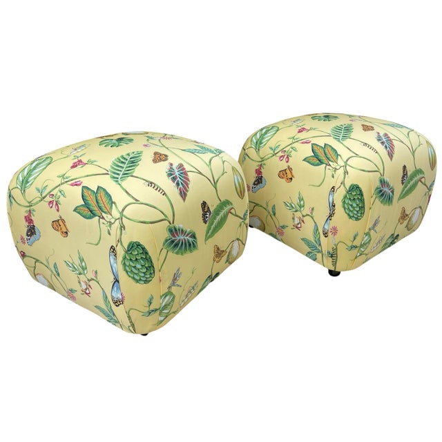 Vintage Newly Upholstered Ottomans in Thibaut “Lillian” Fabric – Palm Beach Style, Pair For Sale In Naples, FL - Image 6 of 12