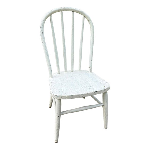 19th Century Antique Distressed White Hoop Back Windsor Side Chair For Sale