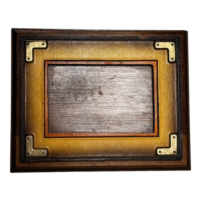Vintage Hollywood Regency Campaign Style Golden Yellow Leather and Brass Tabletop Picture Frame For Sale