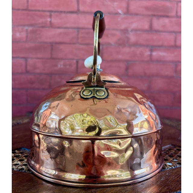 Vintage Hammered Copper Tea Kettle With Wood Grip and Porcelain Finial For Sale - Image 4 of 9