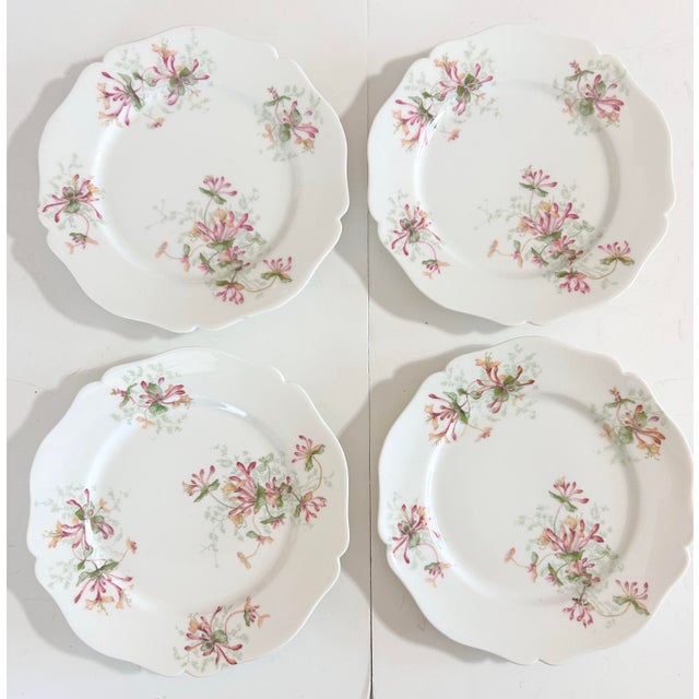 A beautiful set of antique Haviland Limoges porcelain dinner plates featuring delicate hand-painted honeysuckle blossoms....