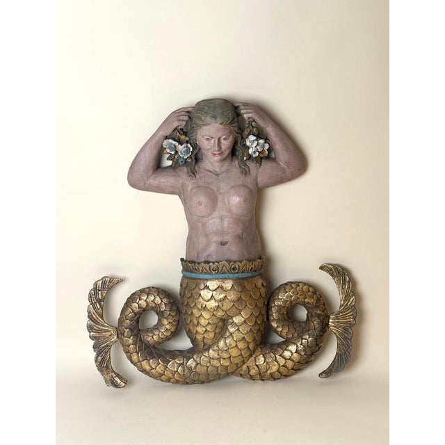 Large Mid-Century Mermaid Wall Relief Sculpture with Hand-Painted Polychrome Gilt, 1950s For Sale - Image 9 of 18