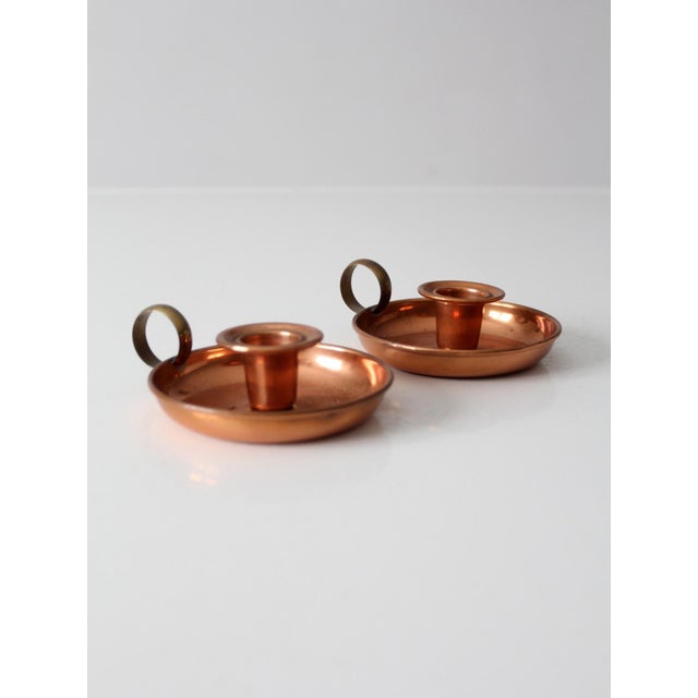 Vintage Copper and Brass Chamberstick Candlesticks Pair For Sale - Image 12 of 15