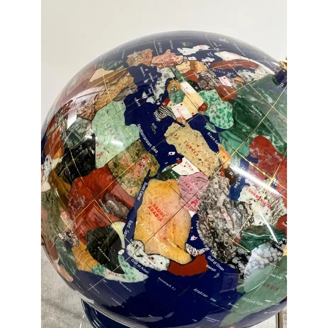 Blue 20th Century Lapis Blue Gemstone World Globe With Gilt Meridian Stand For Sale - Image 8 of 18